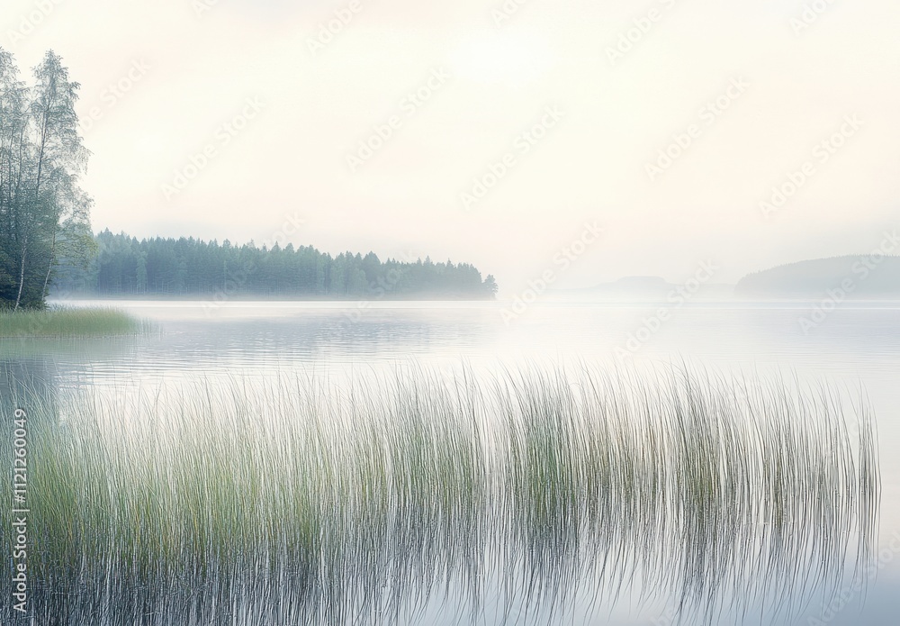 Serene Foggy Lake Landscape at Dawn with Graceful Reeds and Lush Green Forests in the Background Evoking a Calm and Peaceful Atmosphere for Nature Lovers Serene Foggy Lake Landscape at Dawn with Graceful Reeds and Lush Green Forests in the Background Evoking a Calm and Peaceful Atmosphere for Nature Lovers