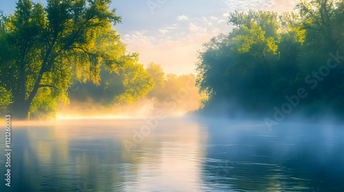 Morning Mist Over River and Trees Landscape Photograph