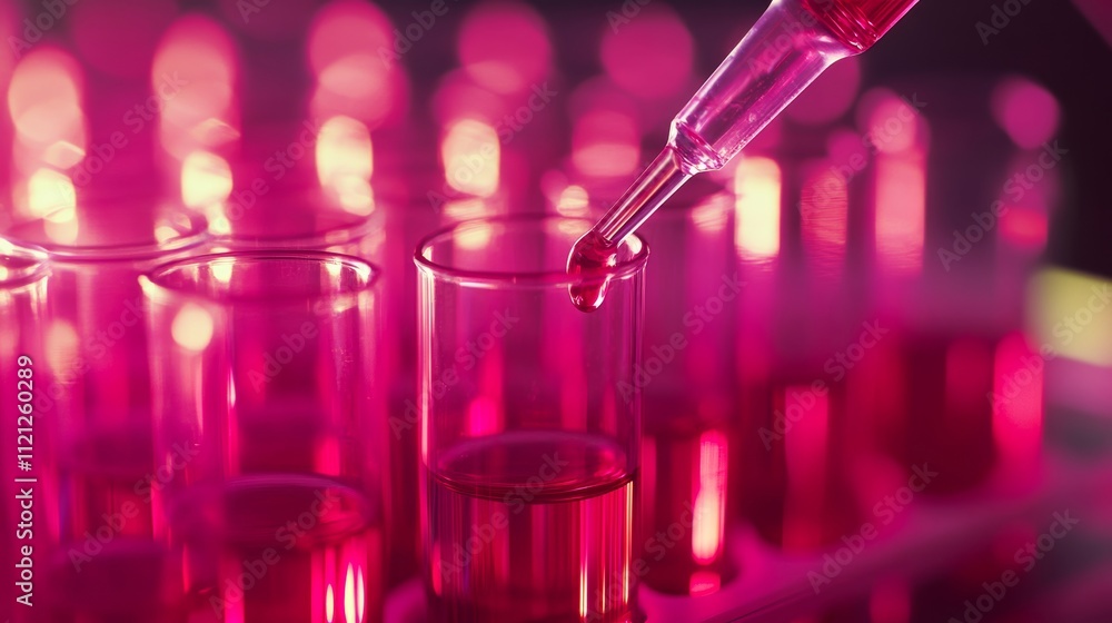 Laboratory scene featuring a series of test tubes filled with a vivid pink liquid being carefully measured with a pipette, symbolizing precision and scientific research. Laboratory scene featuring a series of test tubes filled with a vivid pink liquid being carefully measured with a pipette, symbolizing precision and scientific research.