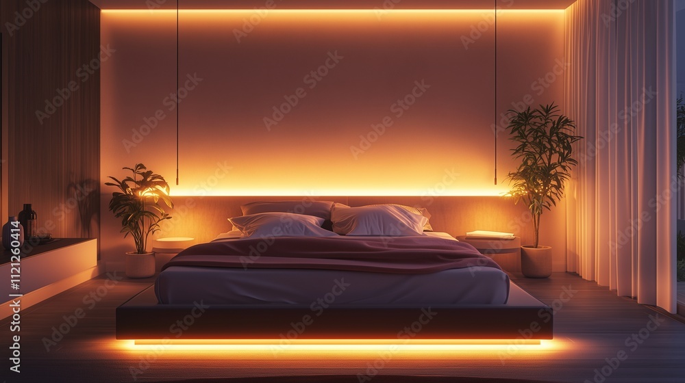 Contemporary bedroom with a minimalist aesthetic, featuring a sleek bed and warm, diffused lighting that enhances the serene atmosphere. Contemporary bedroom with a minimalist aesthetic, featuring a sleek bed and warm, diffused lighting that enhances the serene atmosphere.