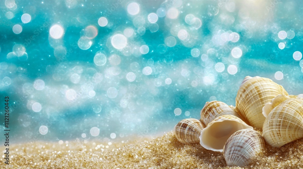 A stunning image of seashells resting on a sandy beach with the ocean in the background, highlighted by a mesmerizing bokeh effect creating a serene ambiance. A stunning image of seashells resting on a sandy beach with the ocean in the background, highlighted by a mesmerizing bokeh effect creating a serene ambiance.