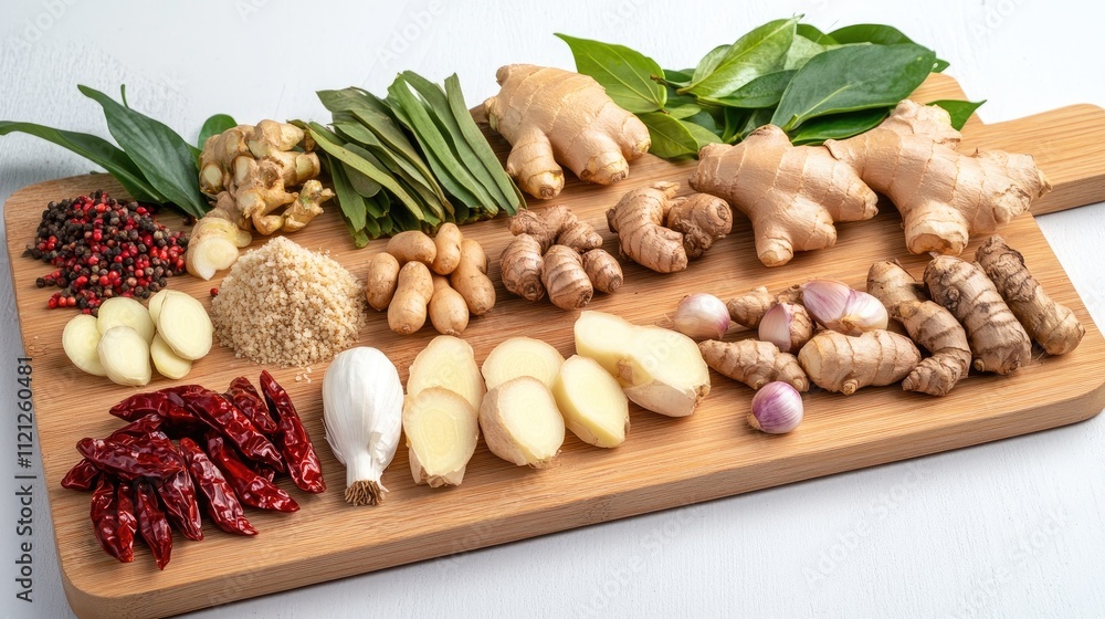 Fresh Spices and Ingredients for Culinary Creations on Wooden Cutting Board Displaying Ginger, Garlic, and More Fresh Spices and Ingredients for Culinary Creations on Wooden Cutting Board Displaying Ginger, Garlic, and More