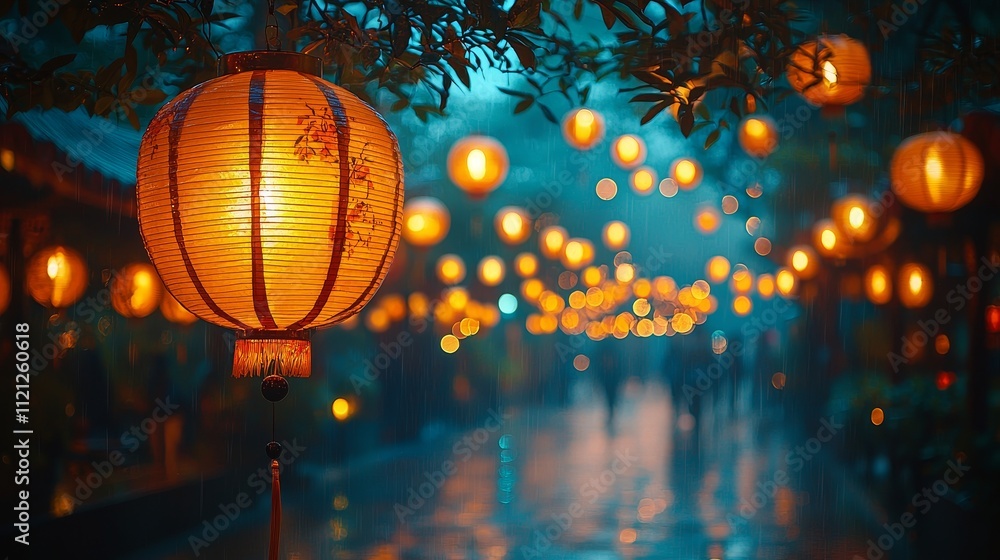 Vibrant lanterns illuminate a rainy street at night Vibrant lanterns illuminate a rainy street at night