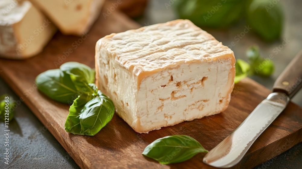 A delicious rectangular cheese block with textured rind, showcased on a wooden board accompanied by fresh basil leaves, creating a gourmet impression. A delicious rectangular cheese block with textured rind, showcased on a wooden board accompanied by fresh basil leaves, creating a gourmet impression.