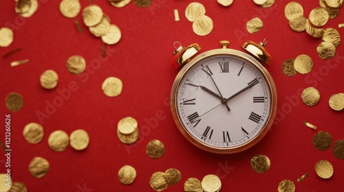 A golden alarm clock rests on a red surface dotted with shiny gold coins, creating a vibrant and luxurious scene. photo