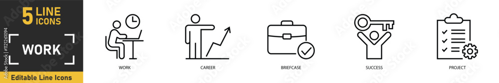 Work line icon set. Set of 5 outline icons related to work, career, briefcase, success, project and more. Vector illustration. Work line icon set. Set of 5 outline icons related to work, career, briefcase, success, project and more. Vector illustration.