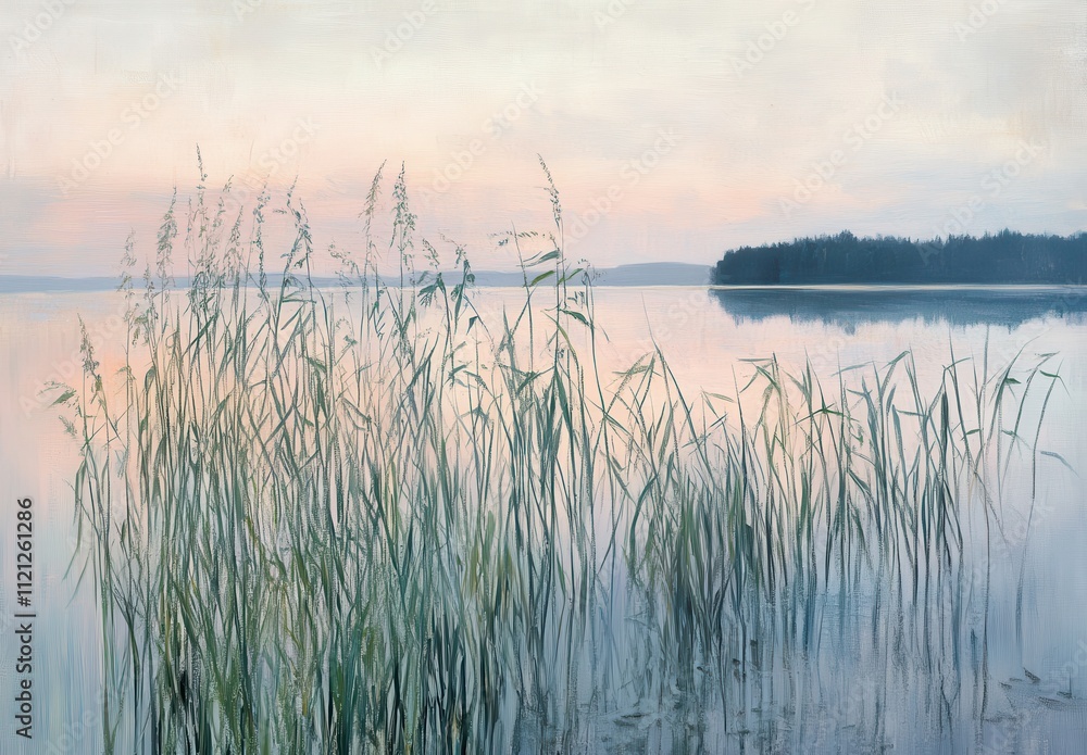 Serene Morning Reflection on Calm Lake Surrounded by Lush Reeds and Soft Pastel Sky, Capturing Tranquility and Natural Beauty in a Peaceful Setting Serene Morning Reflection on Calm Lake Surrounded by Lush Reeds and Soft Pastel Sky, Capturing Tranquility and Natural Beauty in a Peaceful Setting