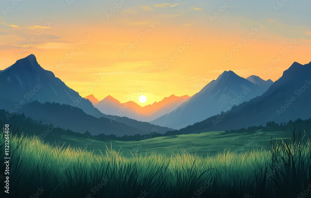 Obraz premium Serene Mountain Landscape at Sunrise with Lush Green Grass and Majestic Peaks Illuminated by Warm Golden Light Over the Horizon
