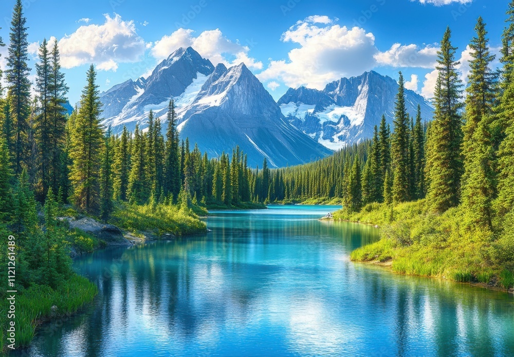 Serene Mountain Landscape with Crystal Clear Lake, Lush Green Forests, and Majestic Snow-Capped Peaks Under a Bright Blue Sky at Daytime Serene Mountain Landscape with Crystal Clear Lake, Lush Green Forests, and Majestic Snow-Capped Peaks Under a Bright Blue Sky at Daytime