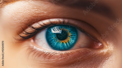 Stunning close-up image of a vibrant blue eye showcasing intricate iris patterns and striking colors, symbolizing vision, beauty, and the window to one's soul. photo