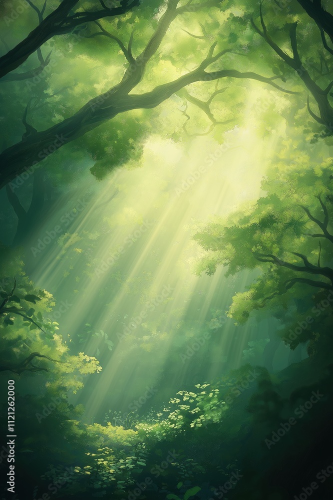 Obraz premium A forest with sunlight shining through the trees