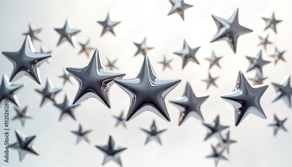 Fototapeta premium Many chrome stars fly in space on white background. Stylish 3d shapes look modern. Stars glossy surface, shiny effect. Digital illustration style. Cyberpunk tech design. Perfect for graphic design