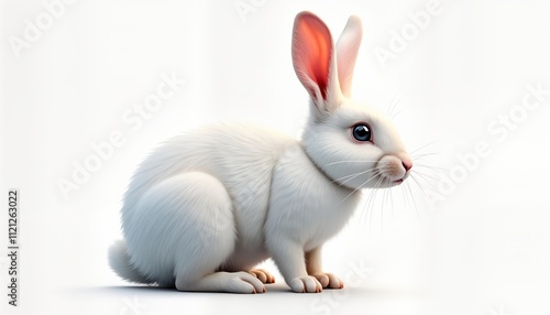 Fluffy white rabbit isolated on white background. Cute animal with expressive eyes. Perfect for kids books, pet shops, spring-themed products. AI generated image. Ideal illustration for children