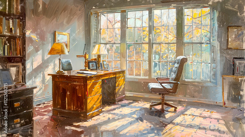 Bright autumn light filters through a cozy home office in a tranquil setting