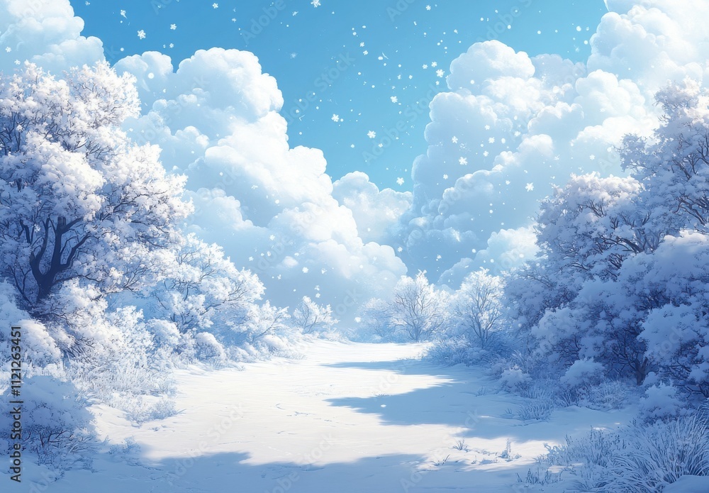 Serene Winter Landscape with Soft Snowflakes Falling in a Peaceful Snow-Covered Forest Under a Bright Blue Sky with Fluffy Clouds Serene Winter Landscape with Soft Snowflakes Falling in a Peaceful Snow-Covered Forest Under a Bright Blue Sky with Fluffy Clouds