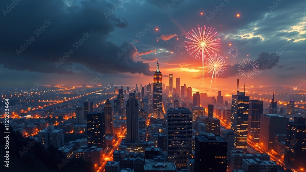 Fototapeta premium City skyline at sunset with fireworks in dramatic colors for celebration and events