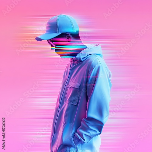 Stylish Young Man in a Modern Hoodie with Neon Glitch Effect on Vibrant Pink Background