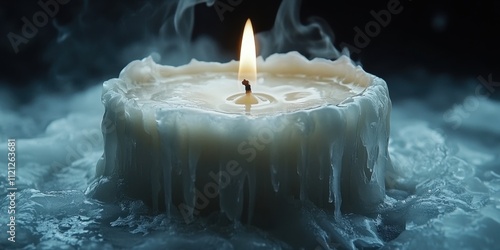 Soft candlelight flickering in a dark, mysterious atmosphere with ethereal smoke rising around photo