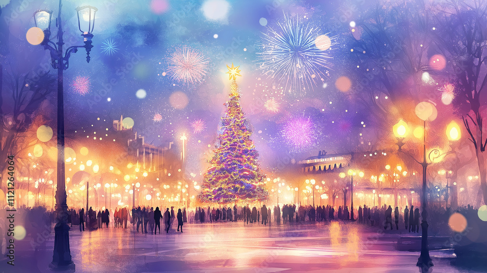 Festive Public Square with Glowing Tree and Fireworks in Watercolor Festive Public Square with Glowing Tree and Fireworks in Watercolor