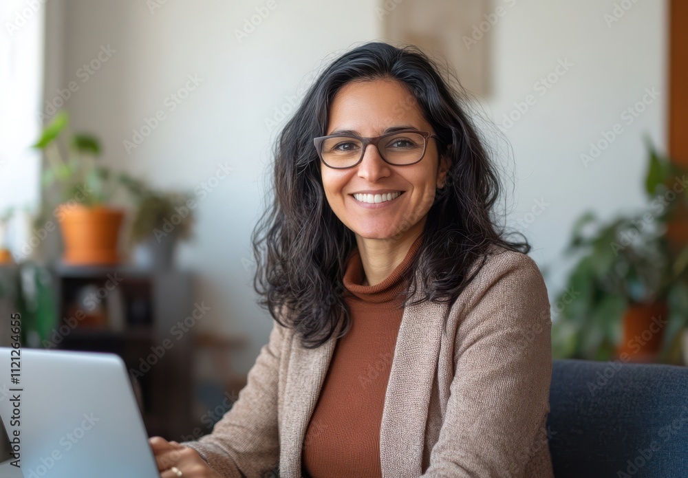 Smiling woman in casual outfit working on a laptop at home, surrounded by indoor plants, showcasing a relaxed and productive workspace environment. Smiling woman in casual outfit working on a laptop at home, surrounded by indoor plants, showcasing a relaxed and productive workspace environment.