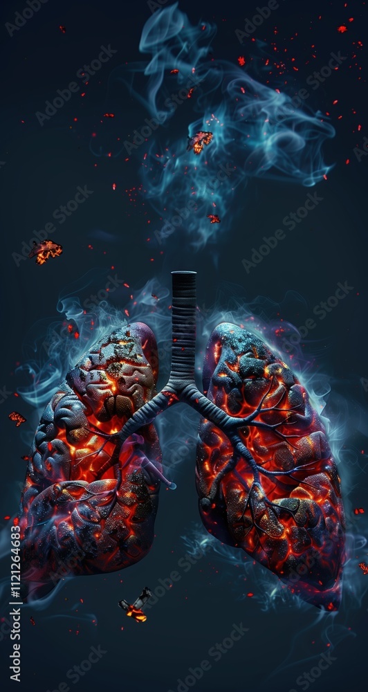 Fototapeta premium Burning lungs with smoke and embers on black background. Anti-smoking campaign concept