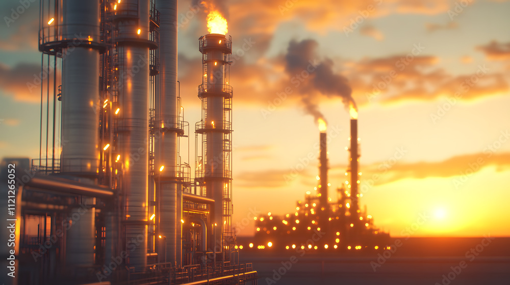 Fototapeta premium Sleek and modern industrial oil refinery with large petroleum tanks, pipes, and machinery, symbolising the energy sector and petroleum oil production in a high-tech environment