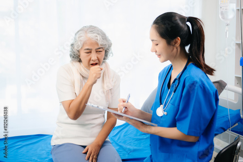 Smiling doctor discussing health with elderly patient. Perfect for medical, healthcare, caregiving,