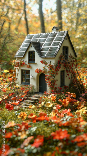 Small house surrounded by vibrant autumn foliage and solar panels in a peaceful woodland setting