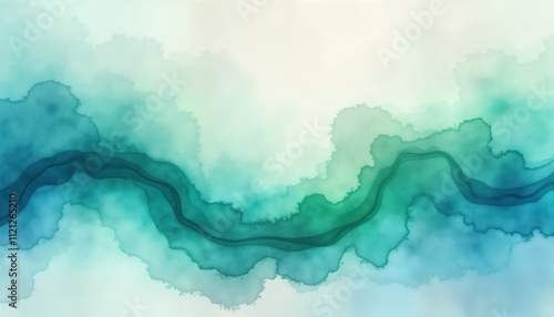 Abstract watercolor illustration features soothing blue green, teal tones. Soft flowing curves, shapes create sense of smooth motion. Blend of colors forms colorful background ideal for various