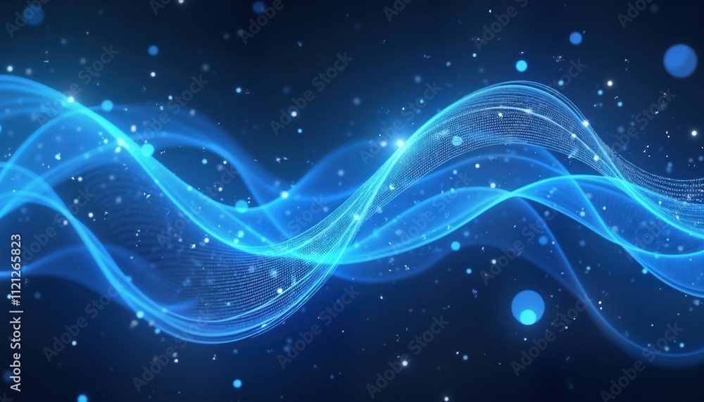 Abstract illustration of luminous blue wavy lines swirling in motion. Dynamic glowing lines form swirling pattern with neon glow. Illustration contains particles, highlights creating effect of speed, Abstract illustration of luminous blue wavy lines swirling in motion. Dynamic glowing lines form swirling pattern with neon glow. Illustration contains particles, highlights creating effect of speed,
