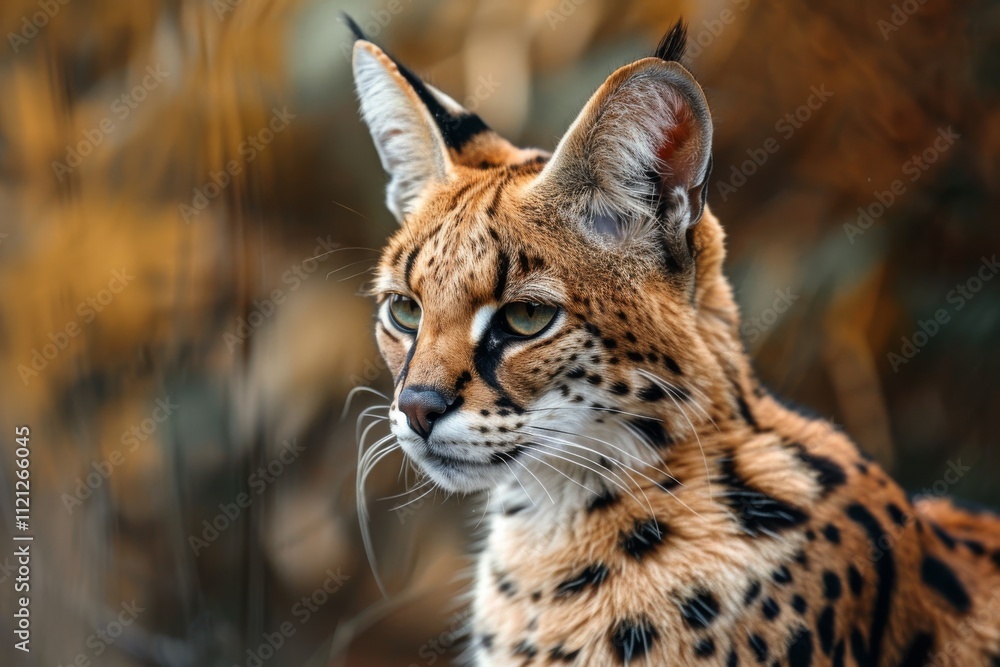 Golden background highlighting the majestic look of the serval cat Golden background highlighting the majestic look of the serval cat