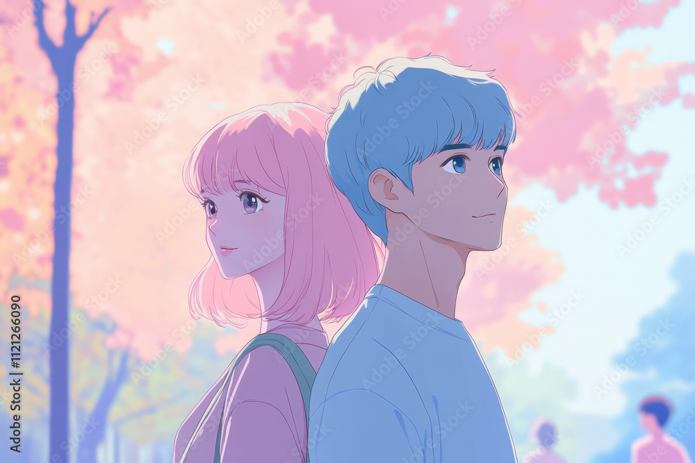 Anime-style illustration of a young couple standing back to back under cherry blossom trees, showcasing pastel colors and a serene atmosphere.