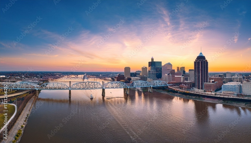 Fototapeta premium Louisville's Skyline and Bridge Bathed in Morning Light: Aerial View