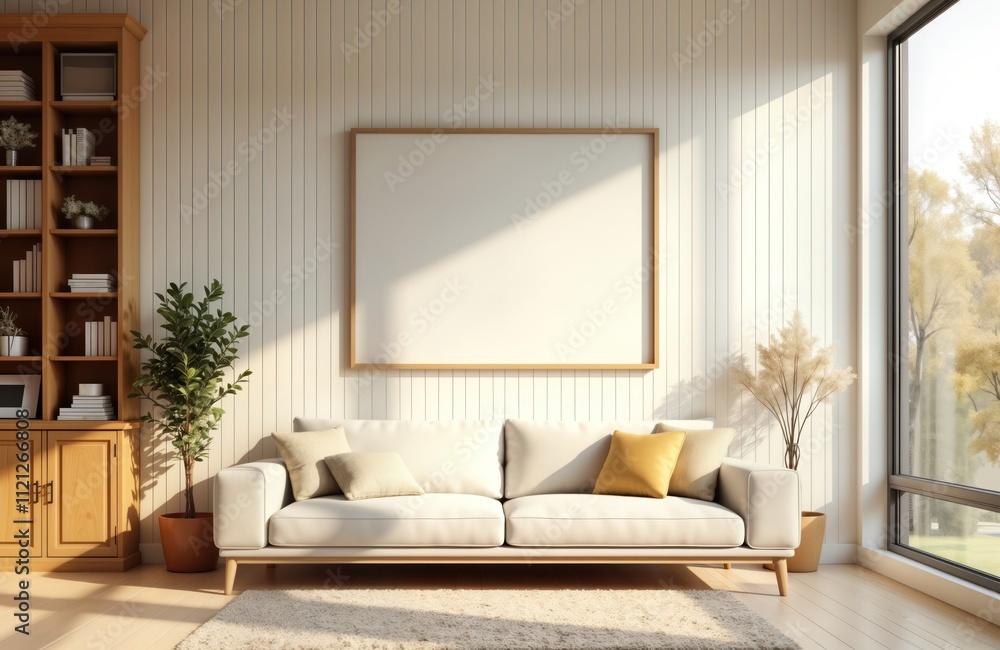 Light, airy living room interior design. Modern couch with neutral tones, decorative pillows. Panoramic window with outdoor view. Empty mockup frame on wall. Natural light streams into space. Simple Light, airy living room interior design. Modern couch with neutral tones, decorative pillows. Panoramic window with outdoor view. Empty mockup frame on wall. Natural light streams into space. Simple