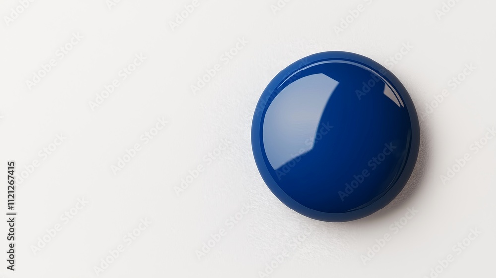 A round, glossy blue object rests on a white surface, showcasing a vibrant color contrast. A round, glossy blue object rests on a white surface, showcasing a vibrant color contrast.