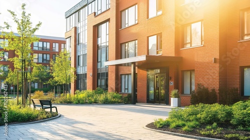 Senior care facility exterior with well-maintained garden and welcoming entrance. Emphasizing comfort and dignity in elderly living environments.