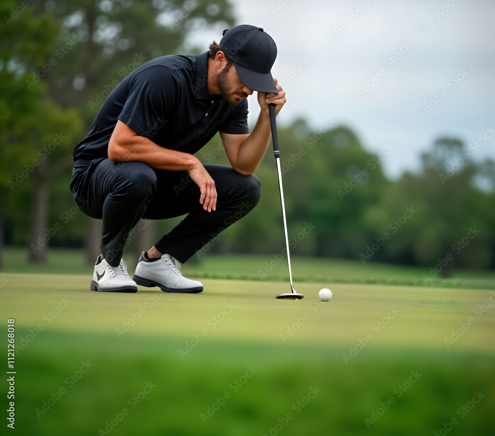 Obraz premium Focused golfer lines up putt on steep incline green. Man concentrates on precise shot. Golf course background shows lush green grass, trees. Sporty attire, golf equipment visible. Pro sportsmanship.