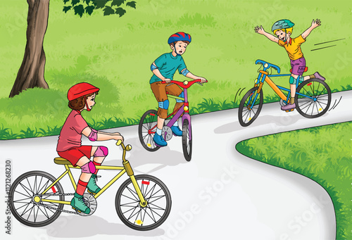 A child who takes his hands off the steering wheel while riding a bike. A little boy who does dangerous tricks while riding a bike.