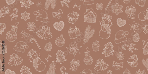 Color of year 2025 Mocha mousse Christmas pattern. Winter background, seamless coffee color sketch vector texture. Pastel holiday pattern. Hand drawn brown Christmas cute doodle print. Mocha mousse bg