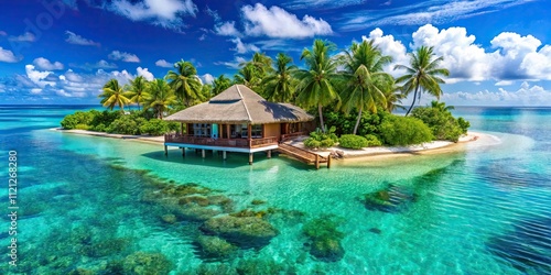 Luxurious villa on a private island surrounded by palm trees and crystal clear turquoise water, Luxury