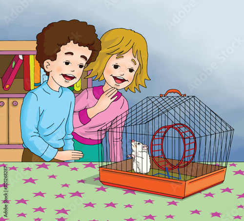 Children feeding hamsters in cages.