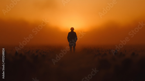 World War One battlefield with a lone soldier, clad in period-appropriate uniform, standing amidst the rugged terrain, evoking the harsh conditions and bravery of wartime