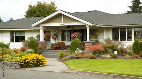 Senior care facility exterior with well-maintained garden and welcoming entrance. Emphasizing comfort and dignity in elderly living environments.