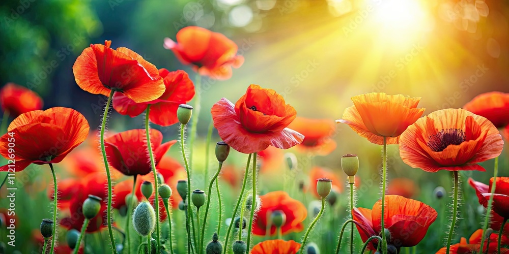 Fototapeta premium Vibrant red poppy flowers blooming in a garden, poppy, flowers, bloom, garden, vibrant, red, nature, floral, petals, beautiful