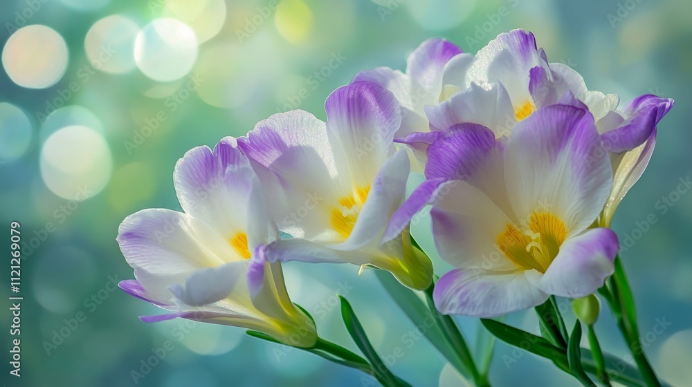 Delicate violet and white flowers captured with a soft bokeh background, creating a dreamy and serene portrait of nature's fleeting beauty in light and color. Delicate violet and white flowers captured with a soft bokeh background, creating a dreamy and serene portrait of nature's fleeting beauty in light and color.