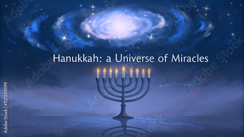 Hanukkah menorah with glowing candles and galaxy design photo