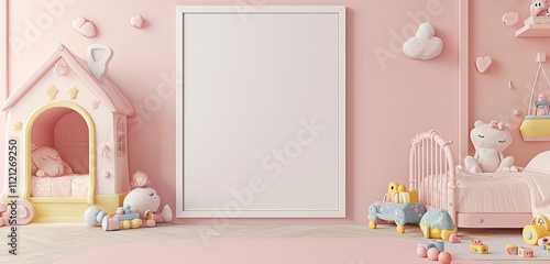 Wallpaper Mural White-framed rectangular poster hanging in a pastel pink girl's room with whimsical decor. Torontodigital.ca