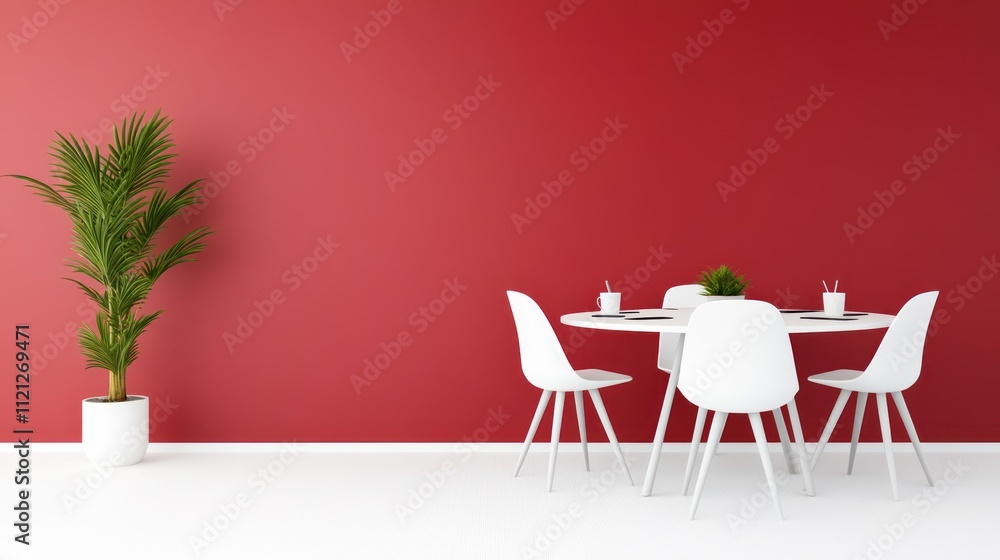 Obraz premium Modern dining area with a red wall and white furniture.