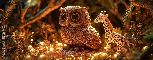 A hand-carved owl figurine in an African-inspired festive jungle setting. Leopard and giraffe motifs surround the scene under a glowing golden hue. Captures tradition and artistry. photo