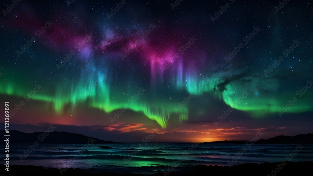 Fototapeta premium Mesmerizing view of the northern lights illuminating the sky over calm ocean waves during a vibrant sunset, capturing nature's beauty and tranquility.
